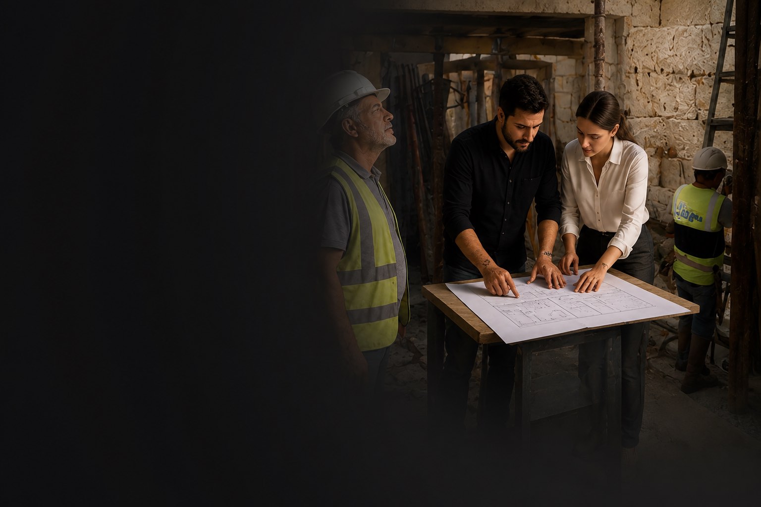 The DubiLux team reviewing plans on site in Porto